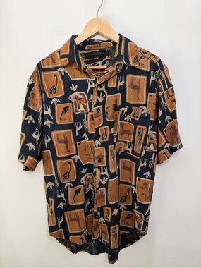 VTG Santana 100% Silk Giraffe Safari Black Grandpacore Short Sleeve Shirt Mens S